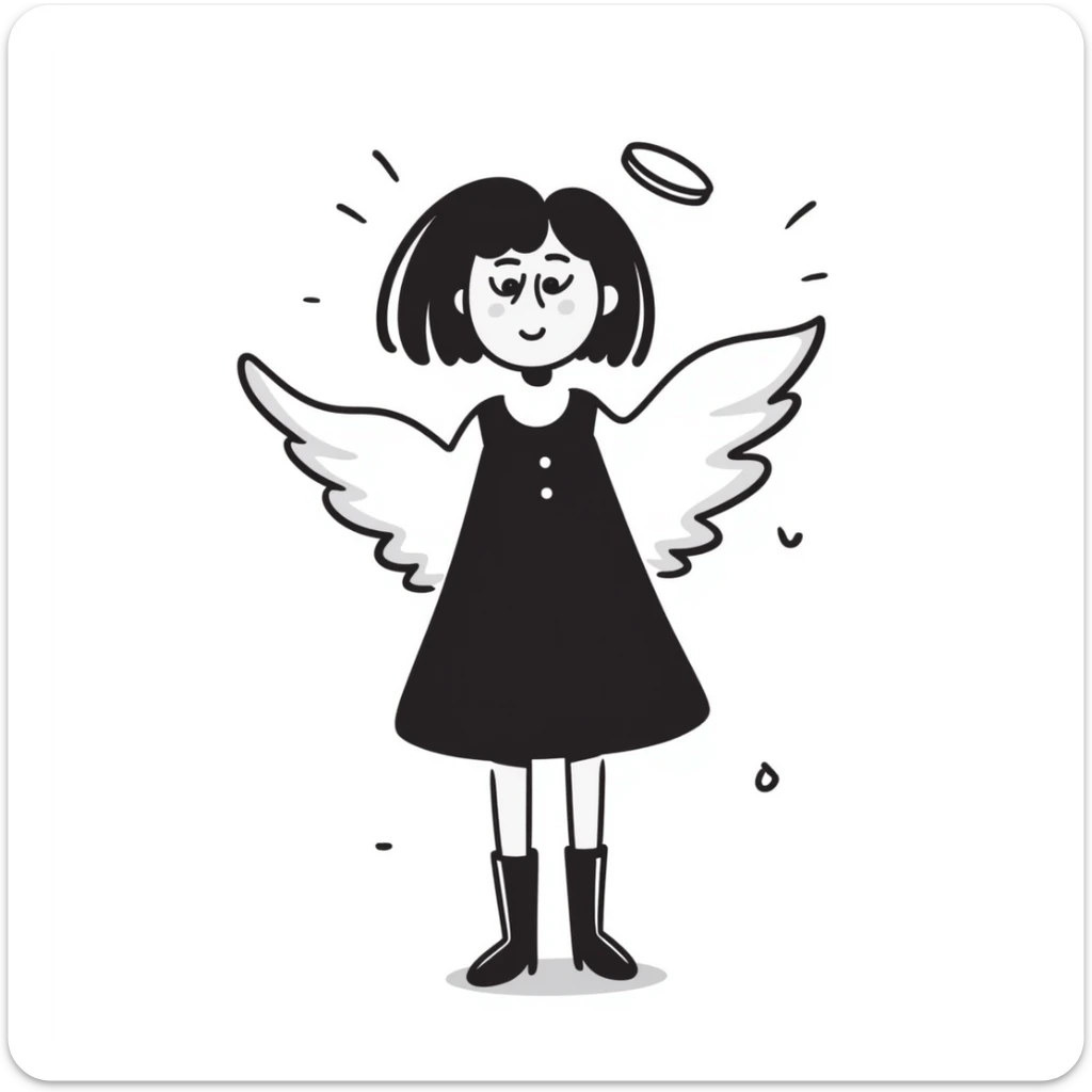 gothic girl with fair skin and short brown hair, angel wings and a halo, hand-drawn doodle style sticker