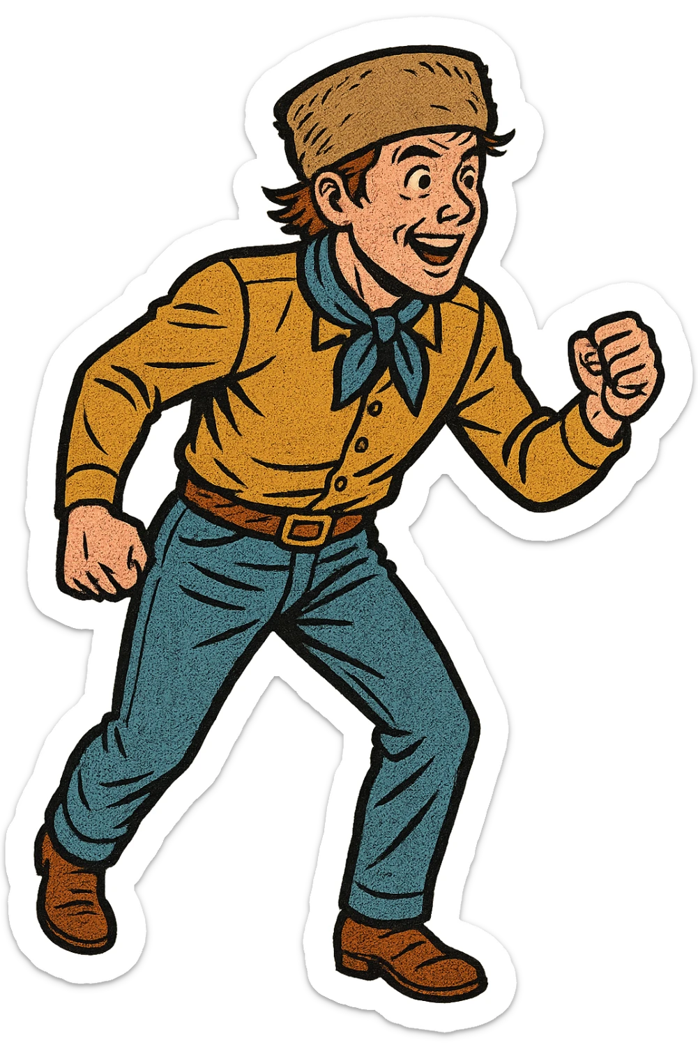 The full body of a young male 1860s American settler in the American West looking excited and about to start a race standing up straight sticker