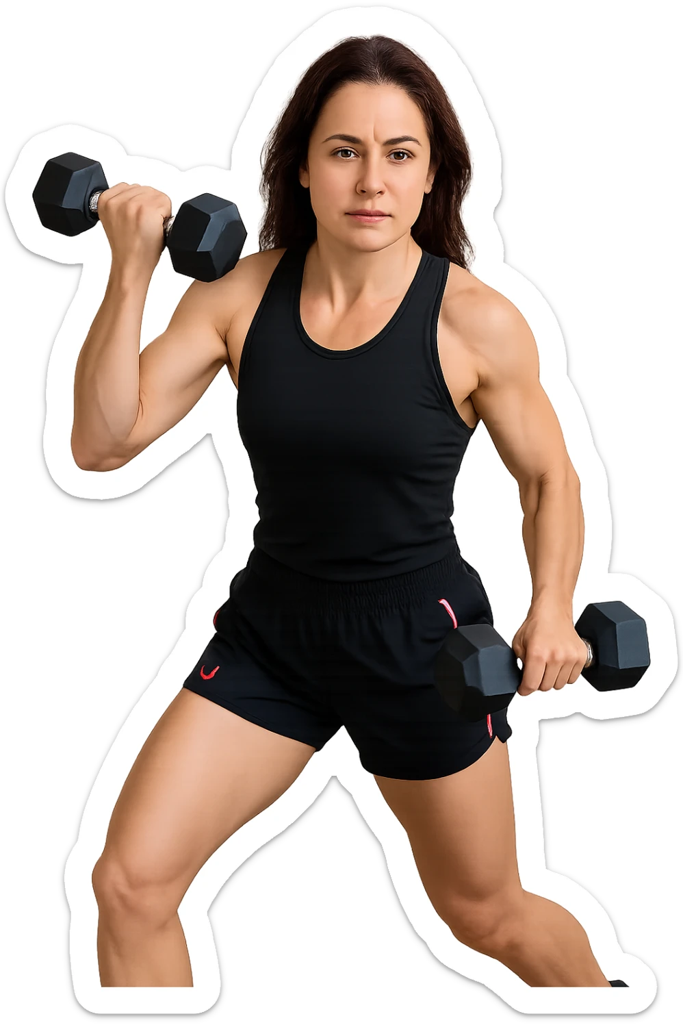 Allenamento ad alta intensità donna mentre fa pesi con in mano due manubri sticker
