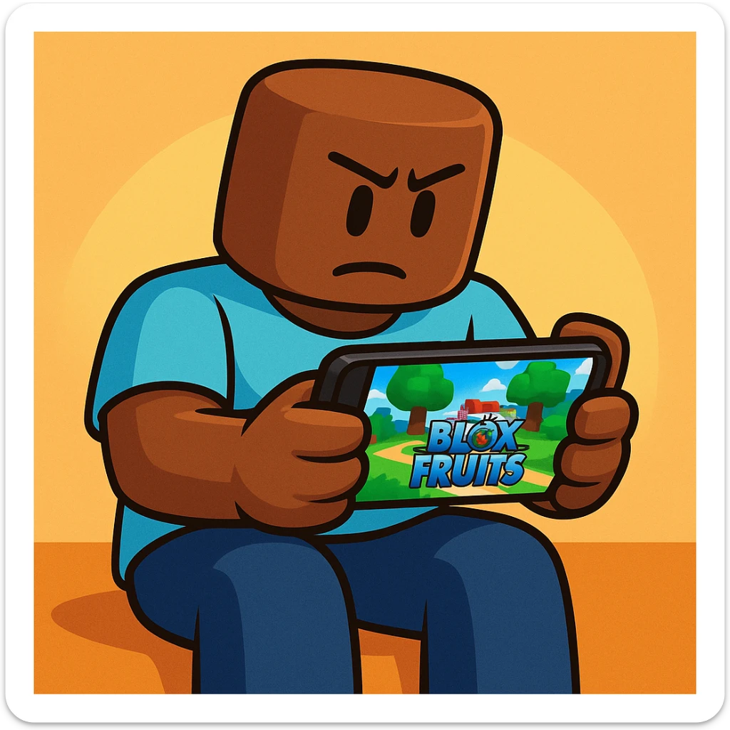 Cancer playing Blox Fruits on phone, Roblox style, brown character sticker