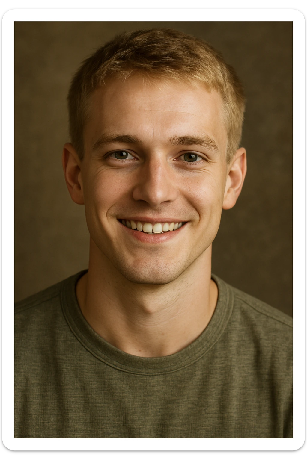 young man with short blond hair and green eyes, smiling sticker