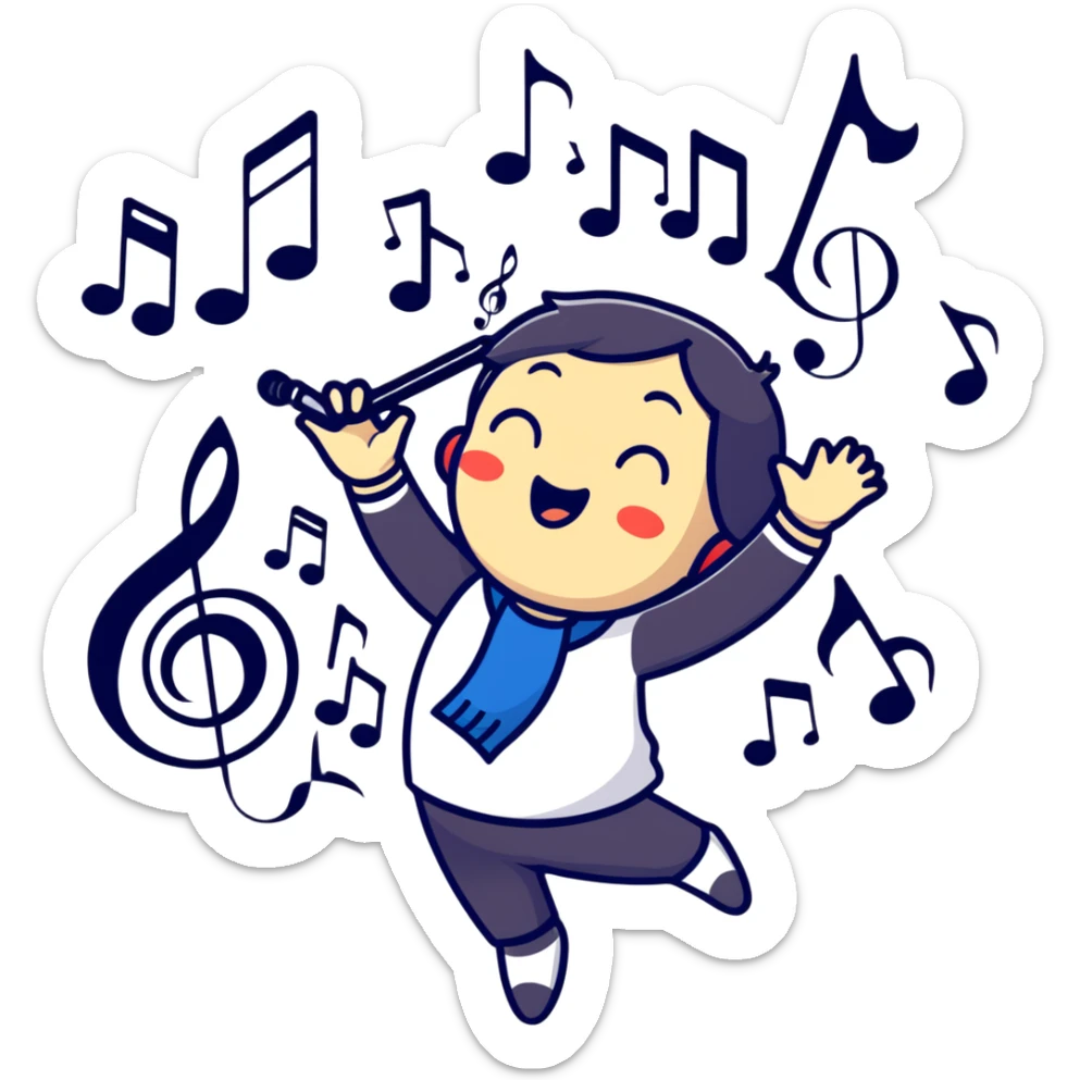 Ruko Yokune in singing pose with musical notes, colorful cartoonish sticker style sticker