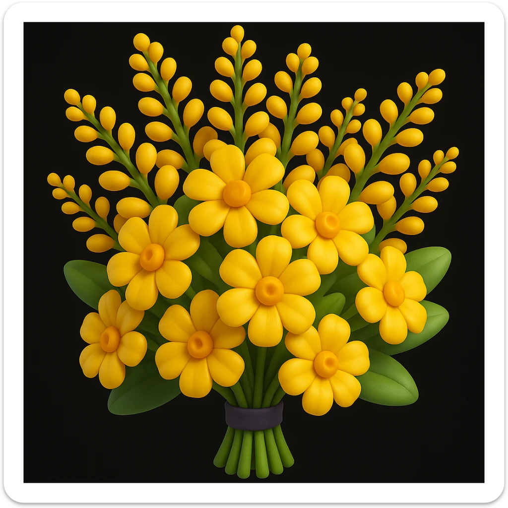 Enhance the bouquet of yellow yarrow flowers in a cartoon 3D style by adding more volume and depth. Make the flowers and leaves as rounded and expressive as possible, without any faces or smiles. Maintain the style as gpt-image-1-xV0cMQyD3gM. sticker