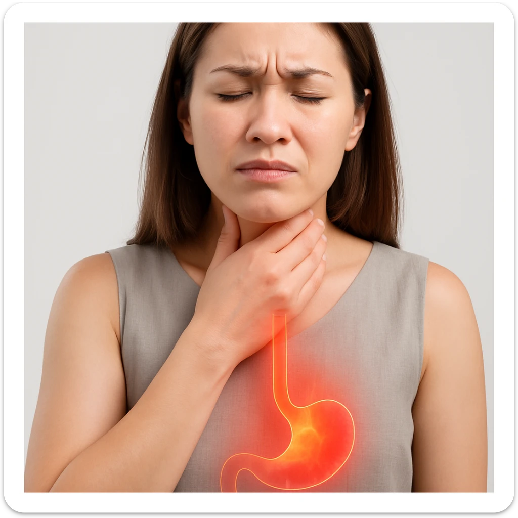 Realistic medical style image of a woman identical to the reference photo, showing symptoms of gastroesophageal reflux: hand on throat, expression of discomfort, with a glowing or reddish effect rising from the stomach to the esophagus and throat. sticker