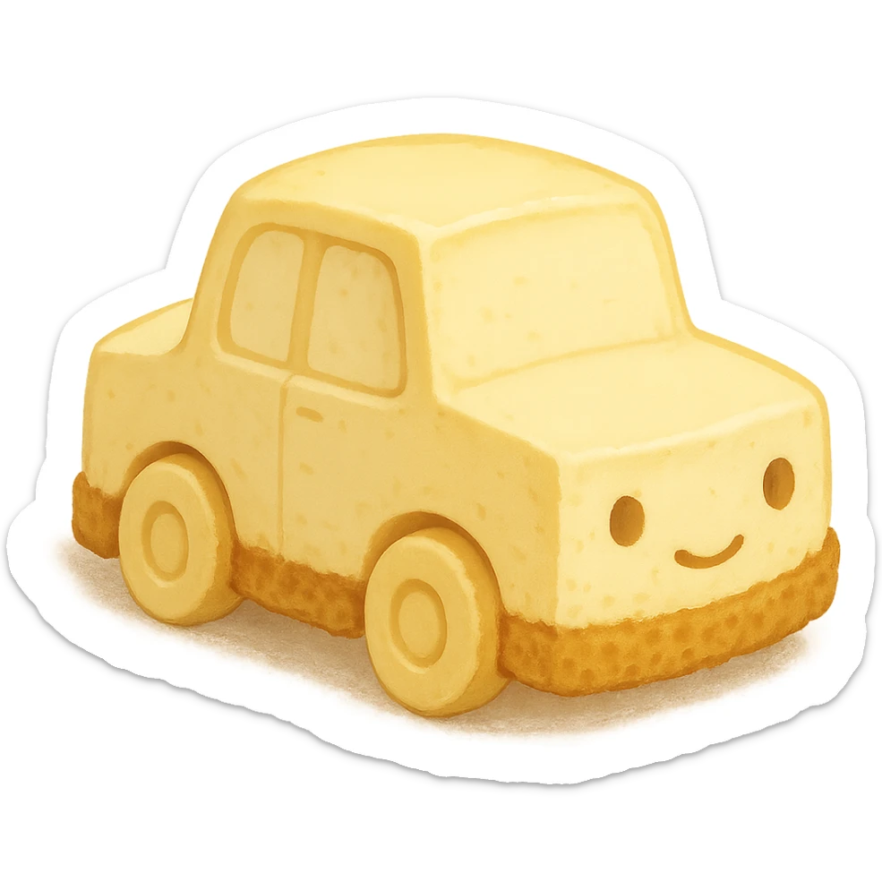 adorable car made entirely of New York cheesecake, with a golden crust base and creamy texture, dessert-inspired, cute and whimsical sticker