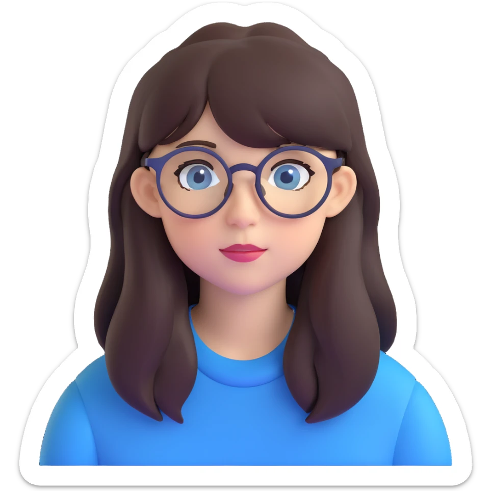 teenage girl with long dark brown hair, bangs, blue eyes, round glasses with thin black frames sticker