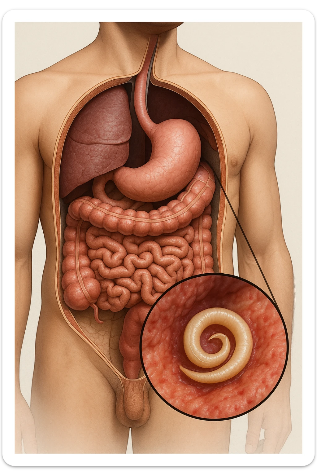 a 3D cutaway view of the human digestive tract, showing an Anisakis larva attached to the intestinal wall. in a man sticker