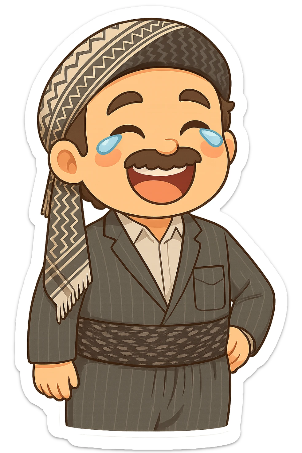 Cartoon sticker of a Kurdish man with the same clothes and scarf as the reference image, no changes to clothes or scarf, face with a big smile and tears of joy, colorful and cheerful, no text, suitable for WhatsApp and Instagram, transparent background. sticker