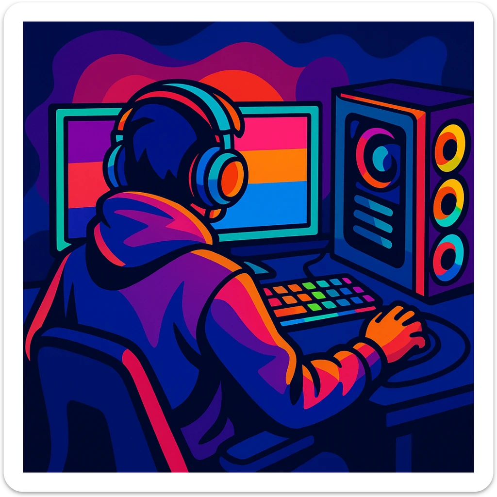 gamer with hoodie seen from behind, sitting at a gaming PC, colorful RGB lights, stylized illustration, vibrant colors sticker