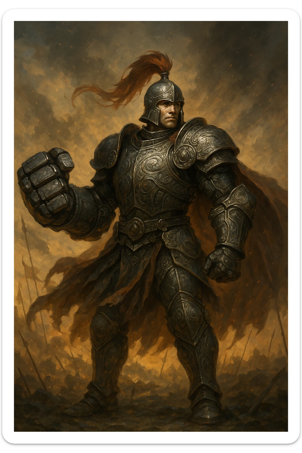 Alexandr Iron Fist, armored warrior with an iron fist, bold stance, fantasy illustration sticker