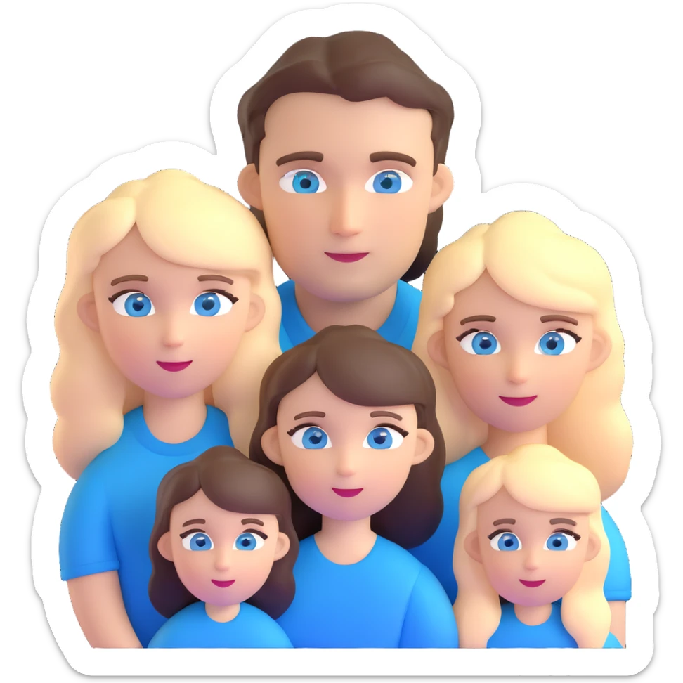 Family portrait with father with dark brown hair and blue eyes, mother with light brown hair and blue eyes, three blonde little girls with blue eyes sticker