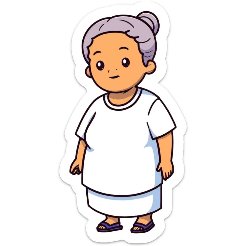 Full body view of a Black mother with Alzheimer's disease who has a 19-year-old child, gentle posture, slightly confused expression, comfortable clothing sticker
