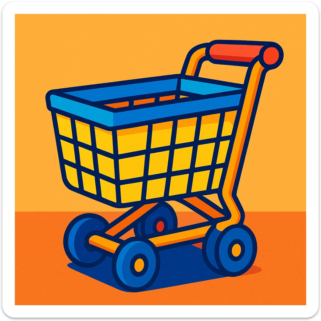 cartoon style shopping cart, bright and playful, vibrant colors, playful design sticker