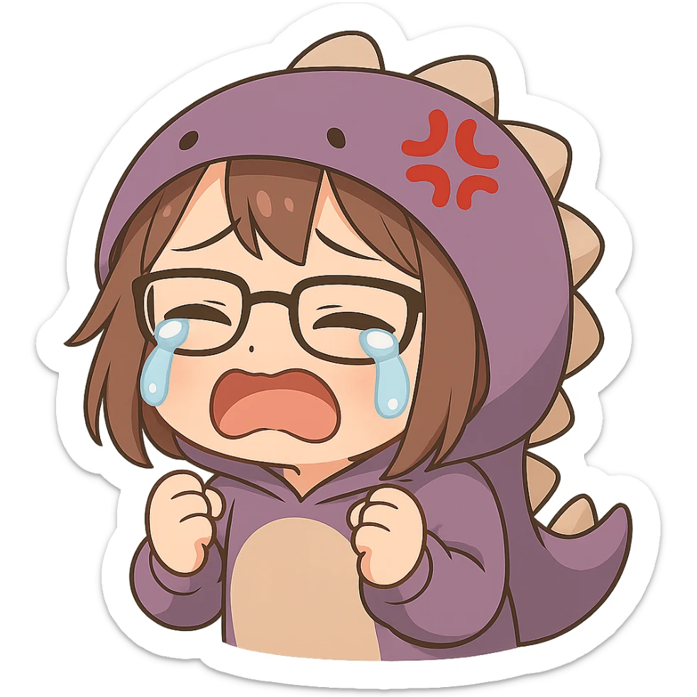 Chibi anime style gamer girl with glasses, brown hair, dark purple eyes, wearing a purple dinosaur costume, making a crying emote, no controller, same style as reference, no background. sticker