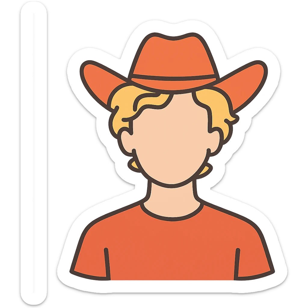flat toon style young man with wavy blonde hair, blank face, orange cowboy hat sticker