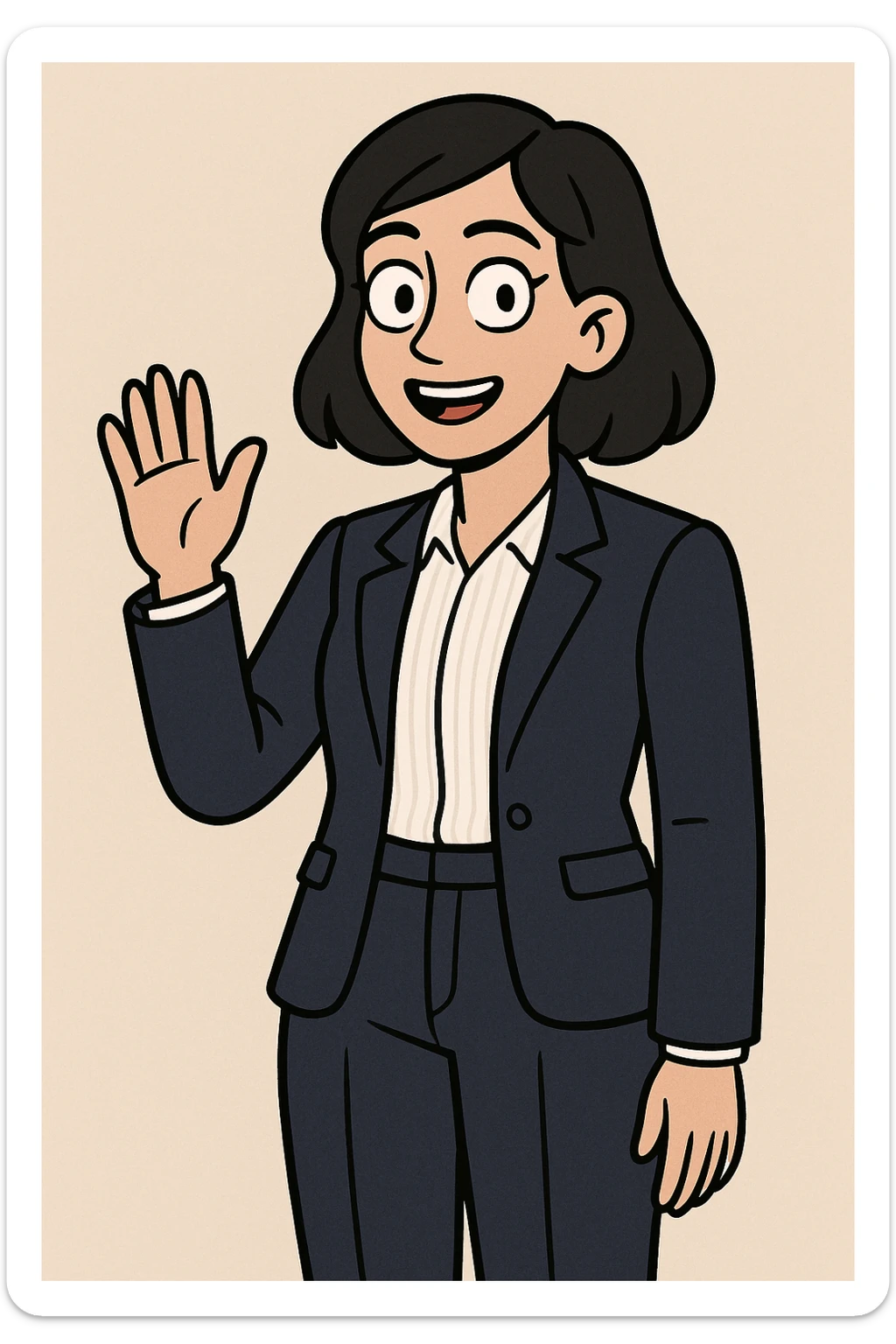 A woman black hair white Villeta Herringbone Shirt Navy Cannes Tailored Fit Jacket jackets Navy Rosalind High Waist Trouser a hand say hello sticker