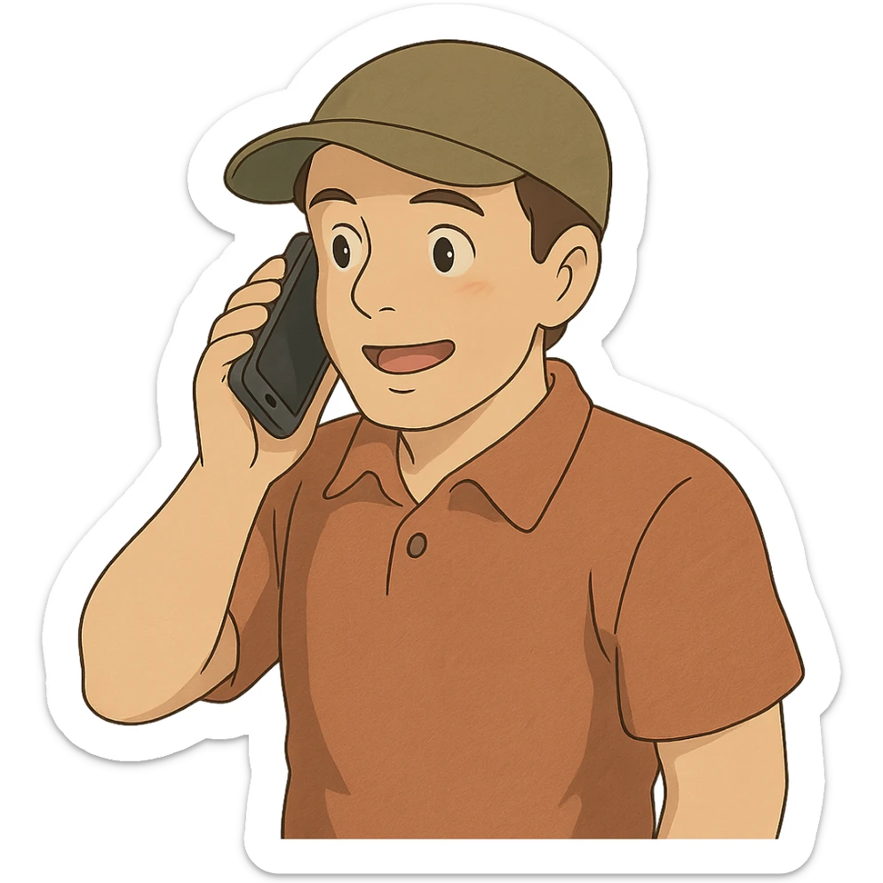 A Caucasian man wearing a cap talking on a mobile phone sticker
