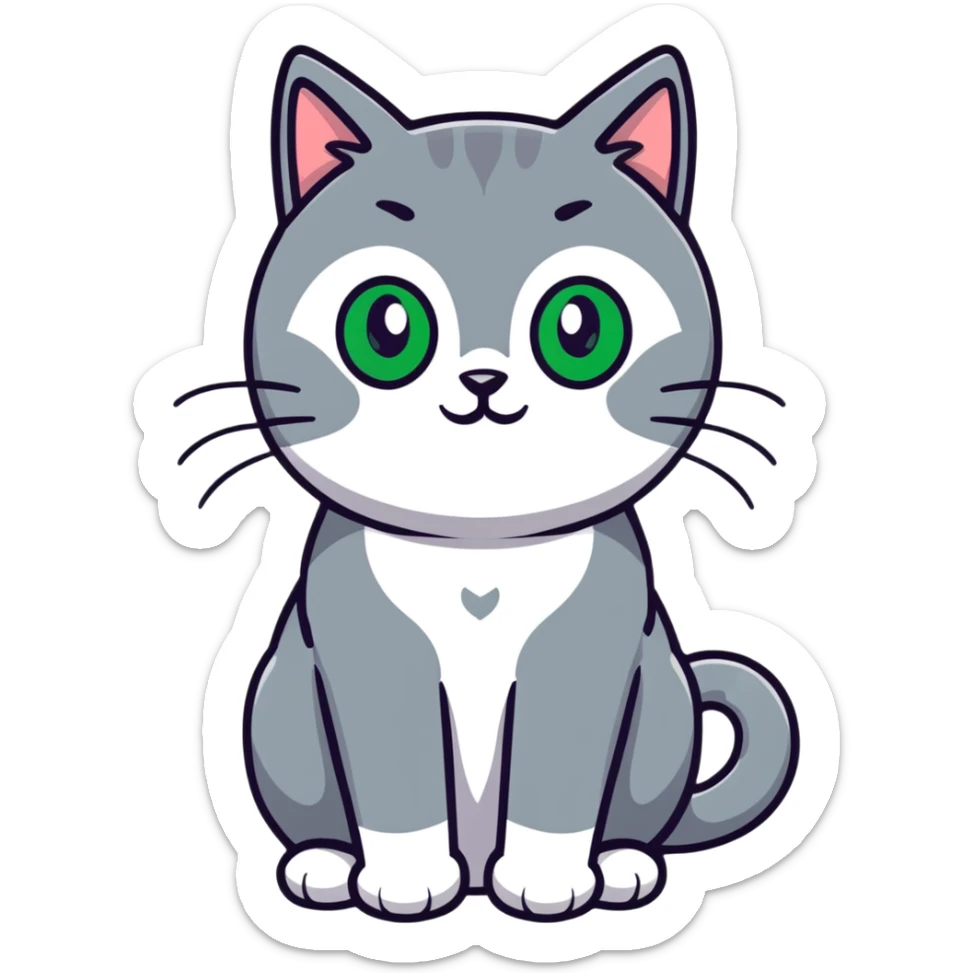 Elegant gray cat with smooth fur, large green eyes, serene expression, sitting facing camera sticker