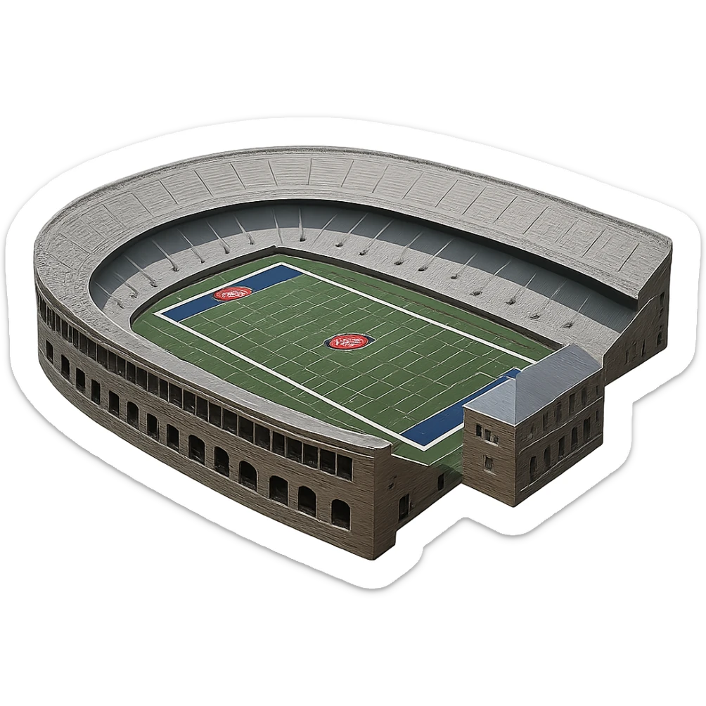 Edit the emoji of Franklin Field at the University of Pennsylvania to have the upper deck mezzanine go all the way around the upper level as it does in real life. Ensure the building in the open side sits independently in the gap of the open stadium and does not connect to the sides. Maintain realistic, lifelike detail, accurate colors, bright lighting, and a transparent background. sticker