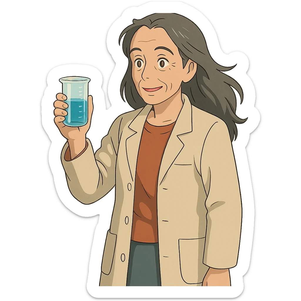 woman science teacher with long graying hair, holding a beaker, in ghibli style sticker