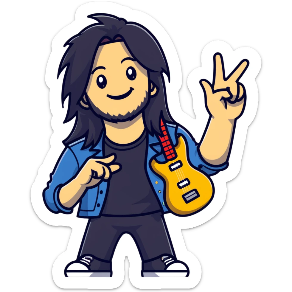 Rockstar musician with long hair, confident smile looking up, rock hand gesture, stage presence, edgy style sticker