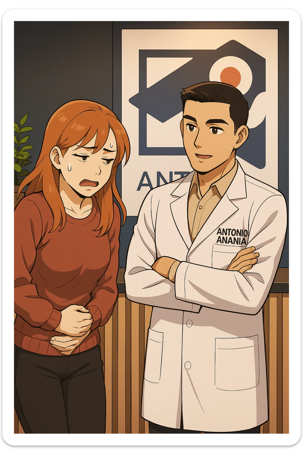 su questo stile fai un manga/webtoon a colori in cui una donna si lamenta che sta male e ha mal di pancia, l'uomo della foto in stile manga gli risponde, mantieni un ambiente simile alla foto che ho allegato con il suo logo (sarebbe il suo studio, lui è un kinesiologo), scrivigli "ANTONIO ANANIA" sul camice bianco, non mettere fumetti, ma fai in modo che sembri che la donna chiede una cosa e l'uomo risponde alla sua domanda sticker