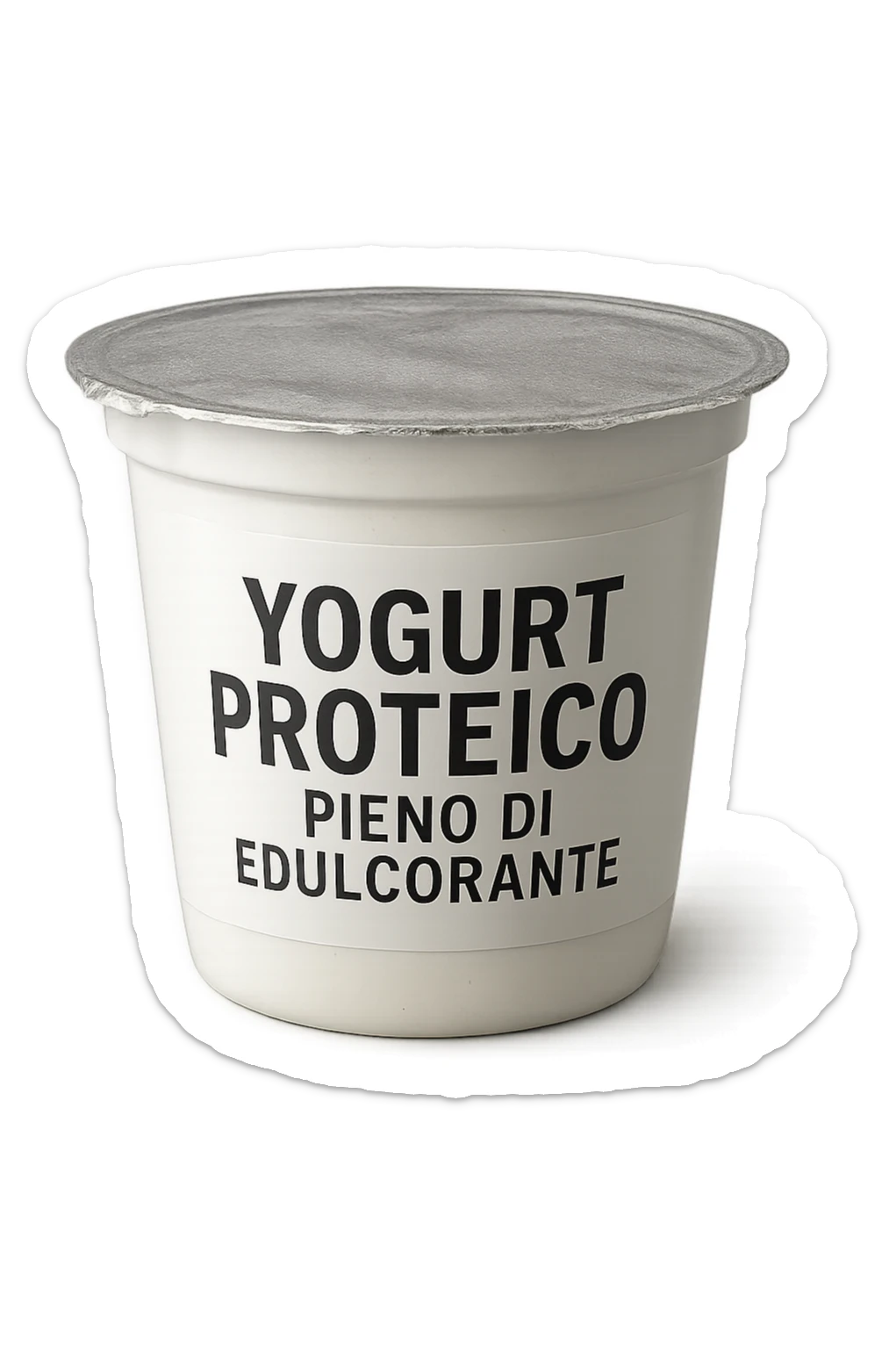 Yogurt proteicO CON LA SCRITTA "YOGURT PROTEICO PIENO DI EDULCORANTE" SULL'ETICHETTA,  iperrealistico 4k sticker