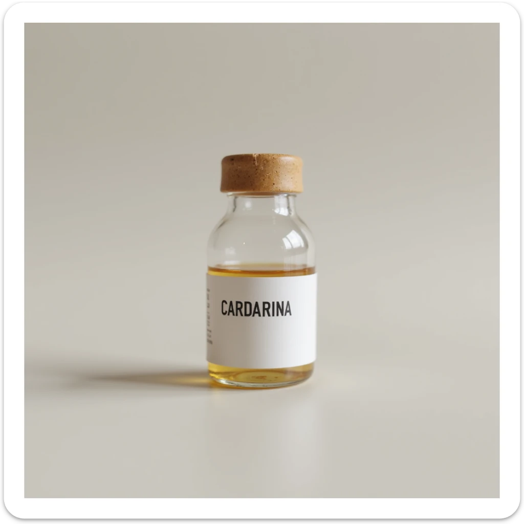 medicinal vial on a neutral background, label with the word 'CARDARINA' in block letters, hyperrealistic 4K style sticker