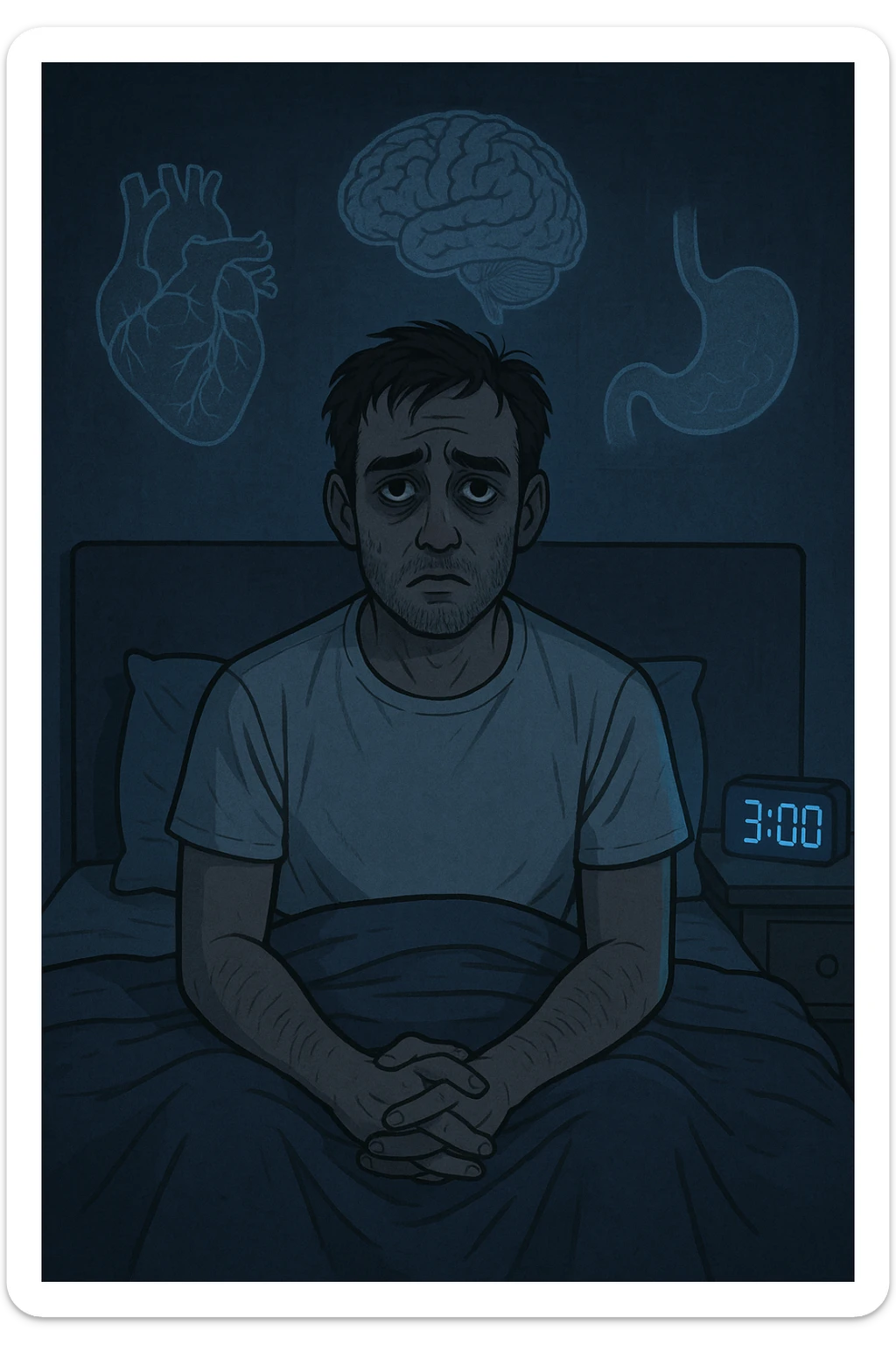 a man sits awake in bed in the middle of the night, dark circles under his eyes and a tired, anxious expression. The room is dimly lit by the blue glow of a phone or digital clock showing 3:00 AM. Around him, faint ghostly overlays of anatomical drawings highlight affected organs—heart, brain, and stomach—symbolizing the physical harm caused by disrupted sleep. sticker