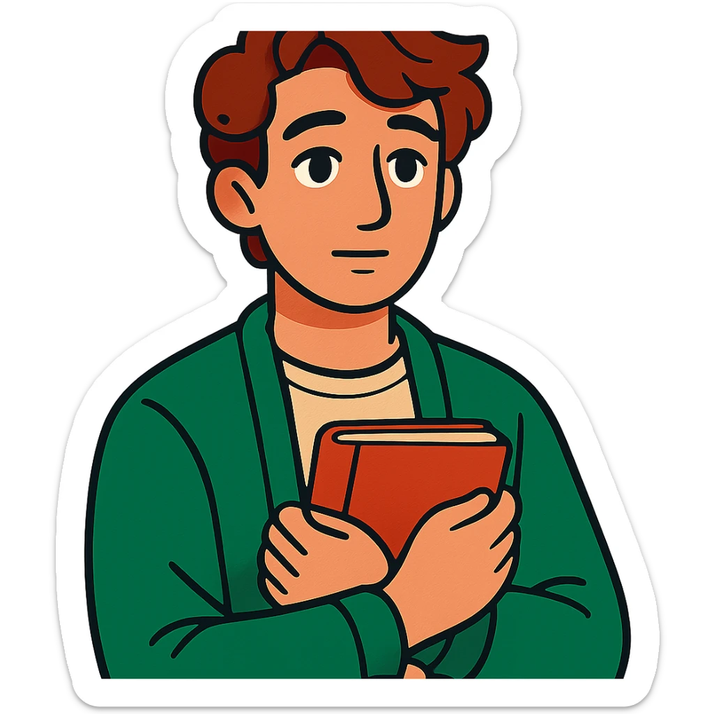 Calm and thoughtful male confidant, fair skin, soft wavy brown hair, gentle eyes, wearing a green cardigan over a light shirt, holding an open journal close to chest, waist-up, front-facing, pure background sticker