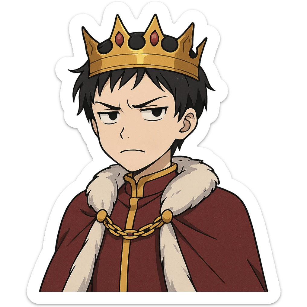 annoyed prince with crown, very light skin, dark eyes, dark hair, anime style sticker