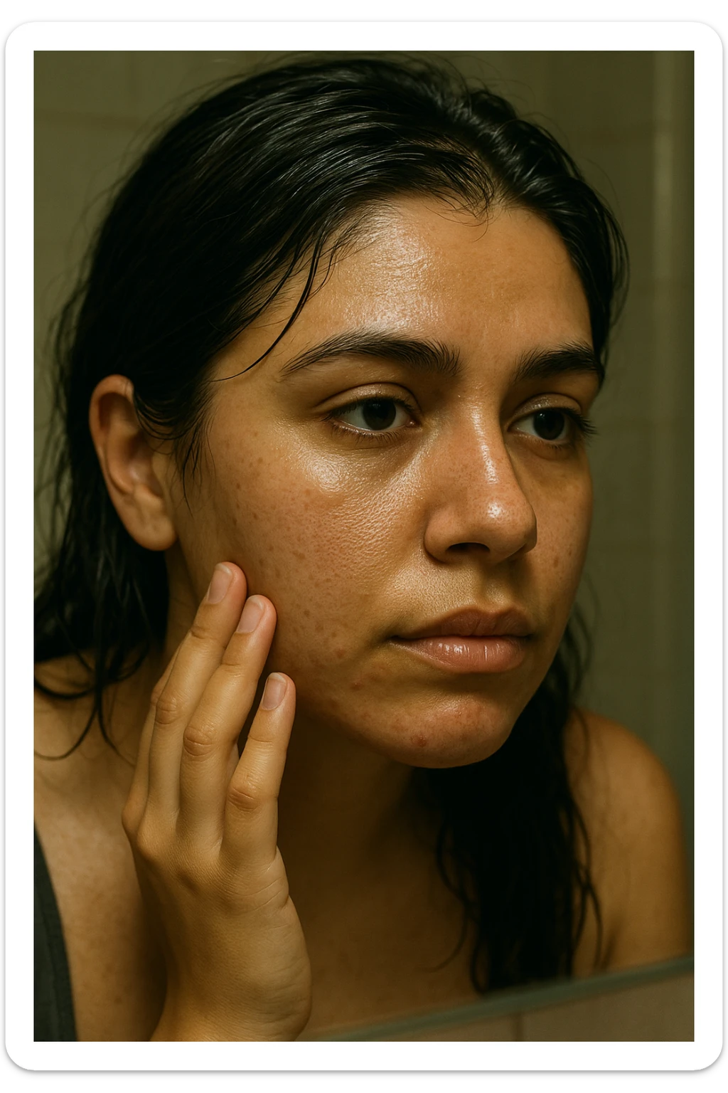 A highly realistic, cinematic close-up portrait of a young woman in her late 20s with medium skin tone, showing visible oily skin and enlarged pores on her cheeks, nose, and forehead. Her skin has a noticeable shiny appearance due to excessive sebum production, and small acne spots are visible along her jawline and chin, indicating hormonal imbalance. Her dark hair appears greasy, clumping in some areas near her scalp, emphasizing unwashed, oily hair due to overactive sebaceous glands caused by PCOS. The woman looks at herself in the mirror with a tired yet hopeful expression, gently touching her cheek with her fingertips as she observes her skin condition. The setting is a softly lit bathroom with natural daylight, and the reflection shows the detail of her skin texture and greasy hair strands. Style: 35mm hyperrealistic film, warm neutral tones with soft depth of field, focusing on the oily skin texture, visible pores, and greasy hair to clearly illustrate the visual symptoms of PCOS. in italiano sticker