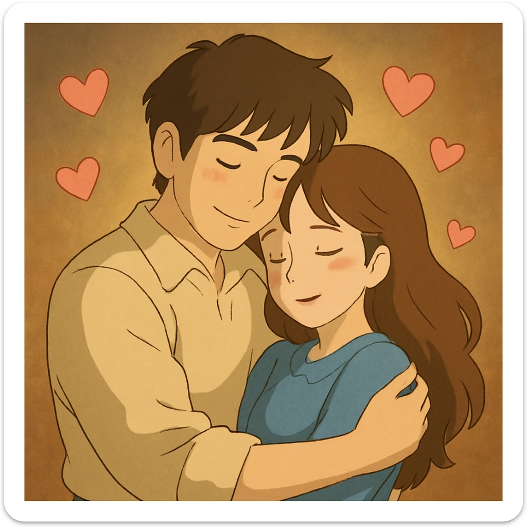man and woman holding each other love theme gentle lighting hearts accent in ghibli style sticker
