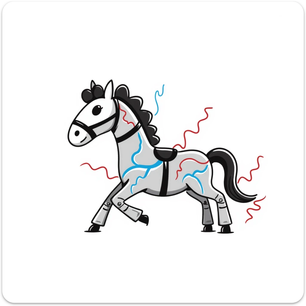fast electric horse made of electricity, metal plates, bolts, visible blue and red wires, lightning coursing through its body, mechanical look sticker