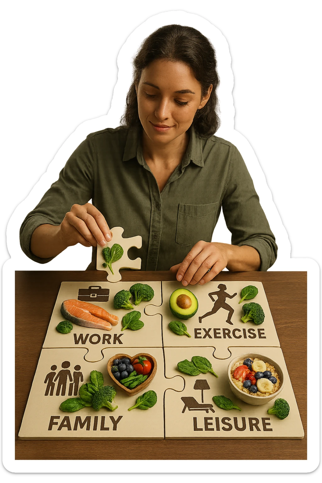 realistica cinematic photo a person is surrounded by puzzle pieces, each representing a different aspect of their life (work, exercise, family, leisure), and healthy foods are integrated into each piece. The person assembles the puzzle, creating a complete, personalized nutrition plan. The mood is uplifting and creative. in italiano sticker