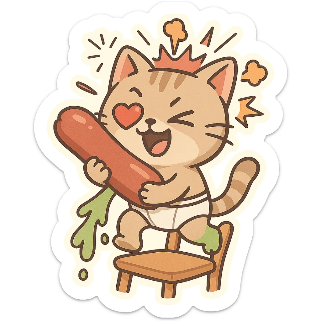 silly cat in underwear, walking on a chair, with a huge sausage, one heart eye, green vomit from its leg, head bursting with cartoon effects sticker