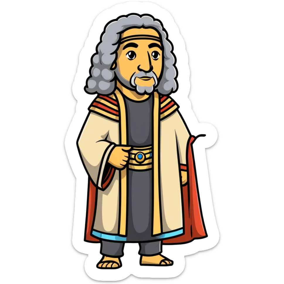 profile portrait of an Egyptian historian with long curly grey hair, wearing an Egyptian cloak, large aquiline nose sticker
