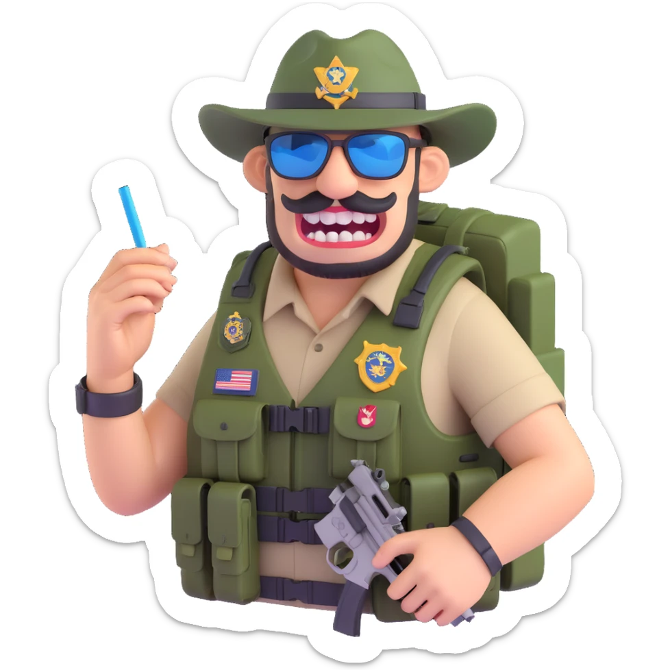 large goofy federal agent big buck teeth overloaded tactical vest gadgets redneck vibe chewing straw camo hat sunglasses 3D playful style sticker