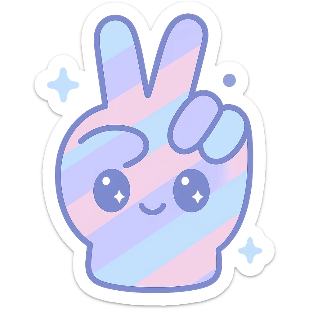 Increase blue and purple colors in the rainbow theme of the hand peace sign, keep the kawaii style, no background. sticker