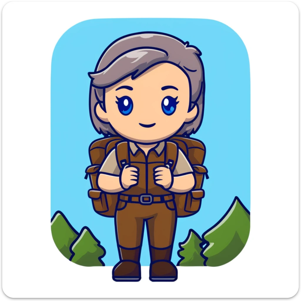 white woman park ranger with blue eyes, brown and gray hair, wearing a backpack, standing in a nature background sticker