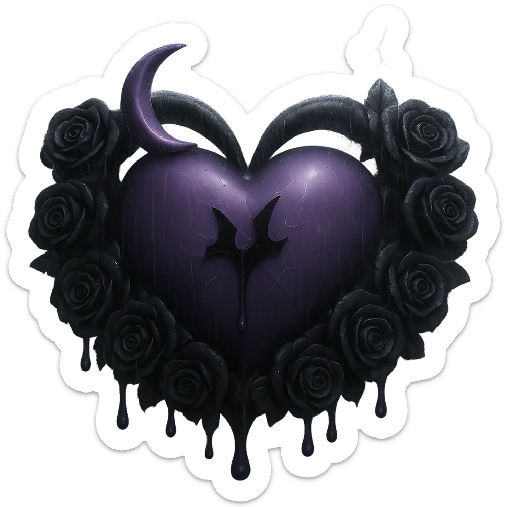 Add much more rain and thick mist to the scene, keeping the prominent black roses, gothic heart, purple glass, crescent moon with dripping effect, faint lightning, cracked glass with misty glow. The style should resemble 3D emoji style. Remove the background. sticker