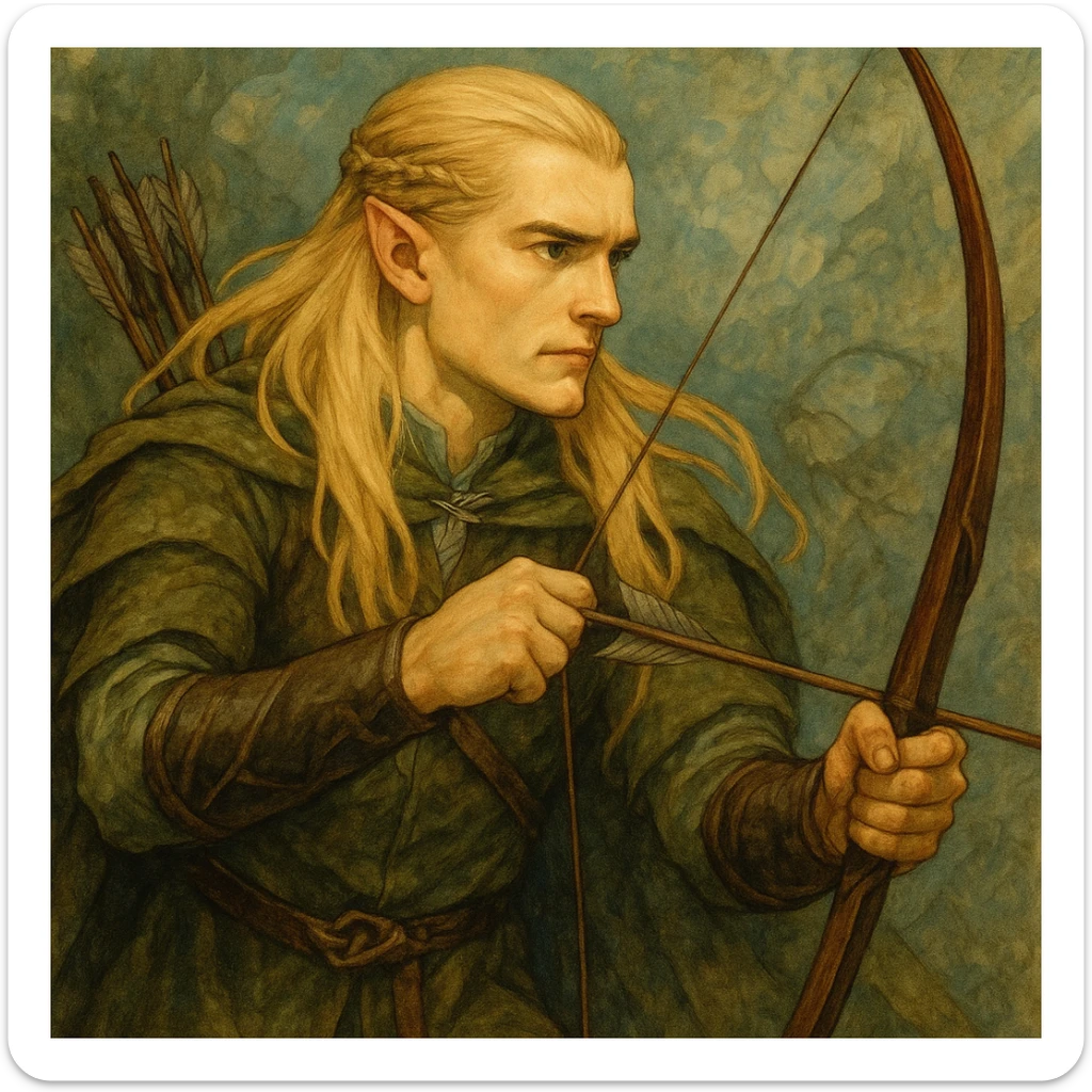 Legolas, an elf with long blond hair, pointed ears, and a bow, fantasy illustration style sticker