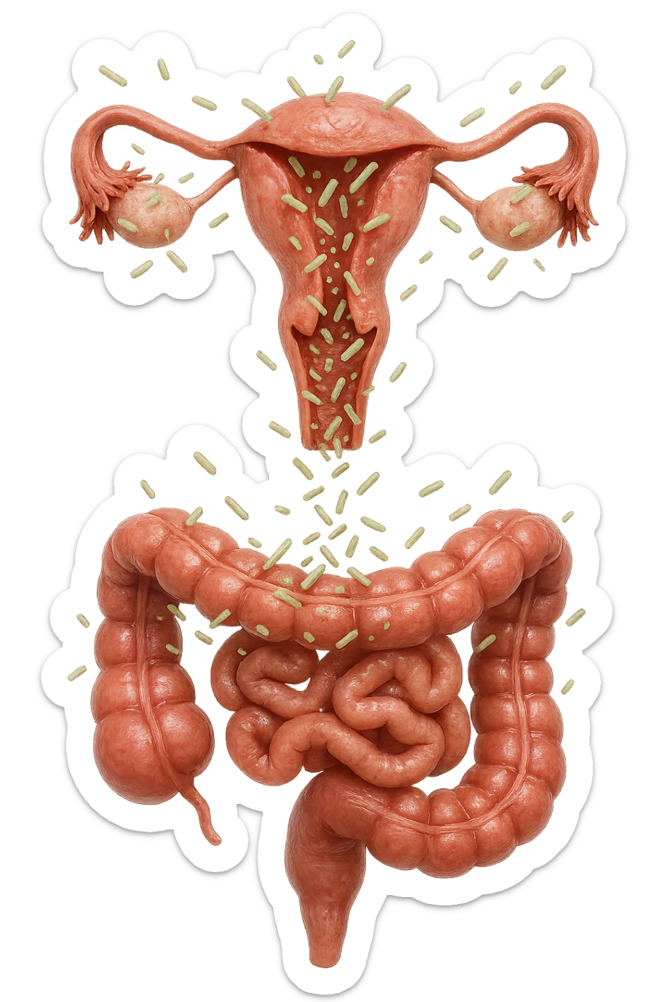 UTERO UMANO E INTESTINO ANATOMICI REALISTICI SONO UNO SOPRA ALL'ALTRO E SI PASSANO I BATTERI A VICENDA, CON BATTERI CHE ESCONO DALL'INTERNO, IPERREALISTICO 4K, NON DISEGNATO sticker