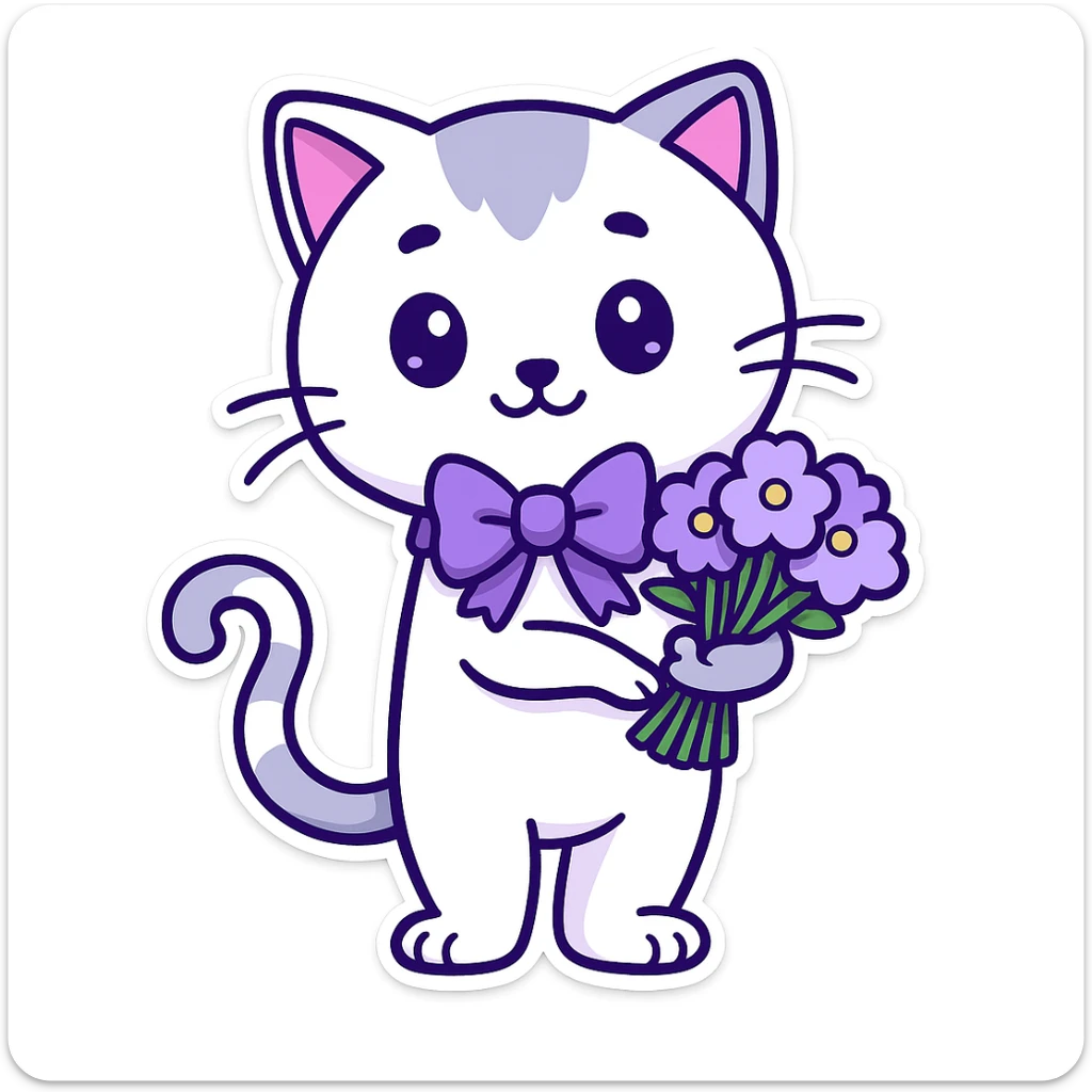 Add a cute bow around the cat's neck in the style of cartoonish stickers. sticker