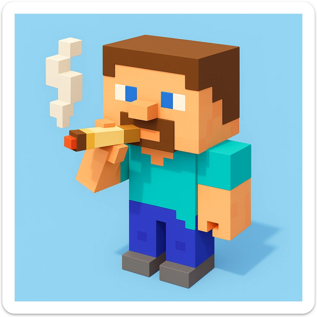 minecraft steve character holding and smoking a blunt, 3D voxel style, simple background sticker