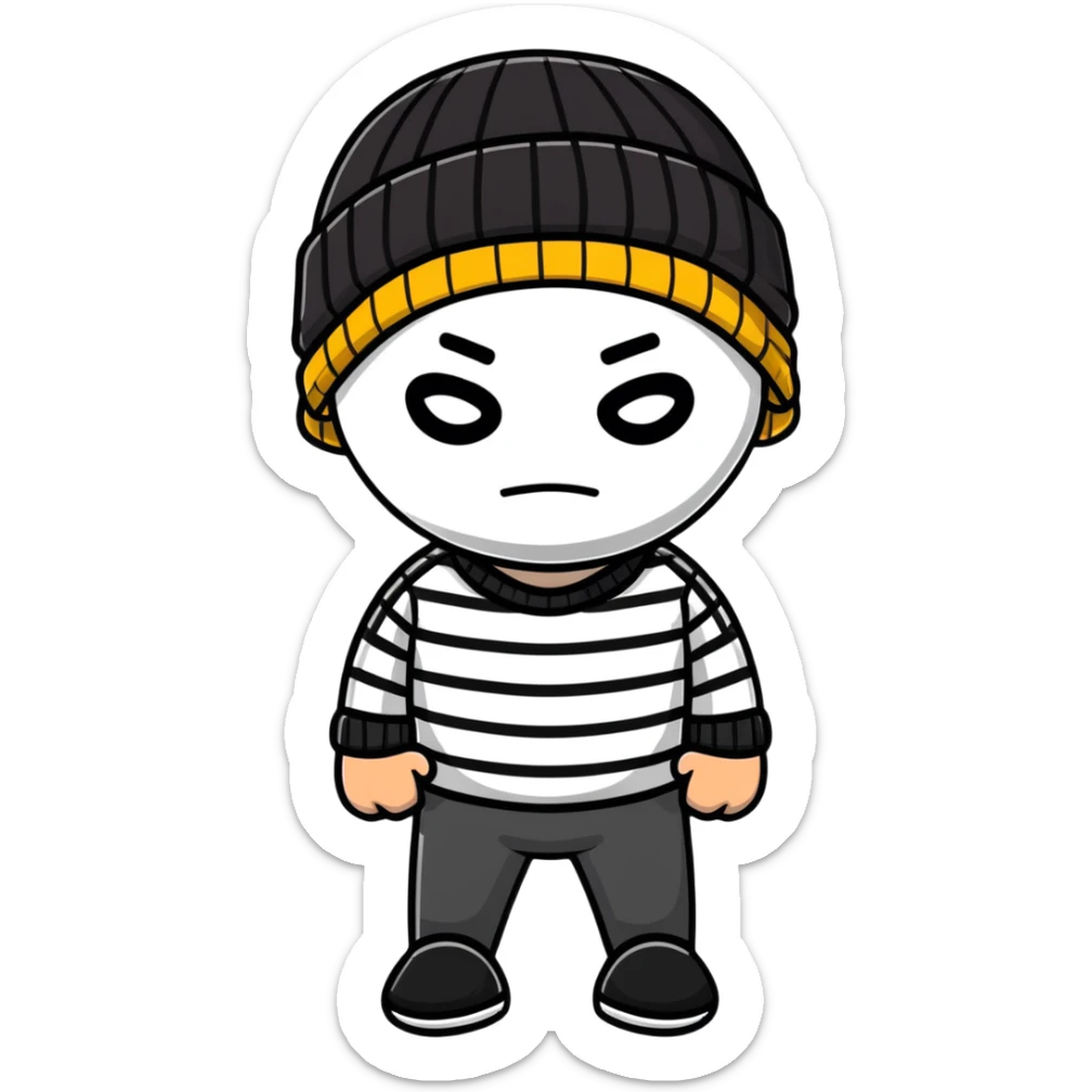 character with black and white striped shirt, black beanie, black mask over eyes sticker