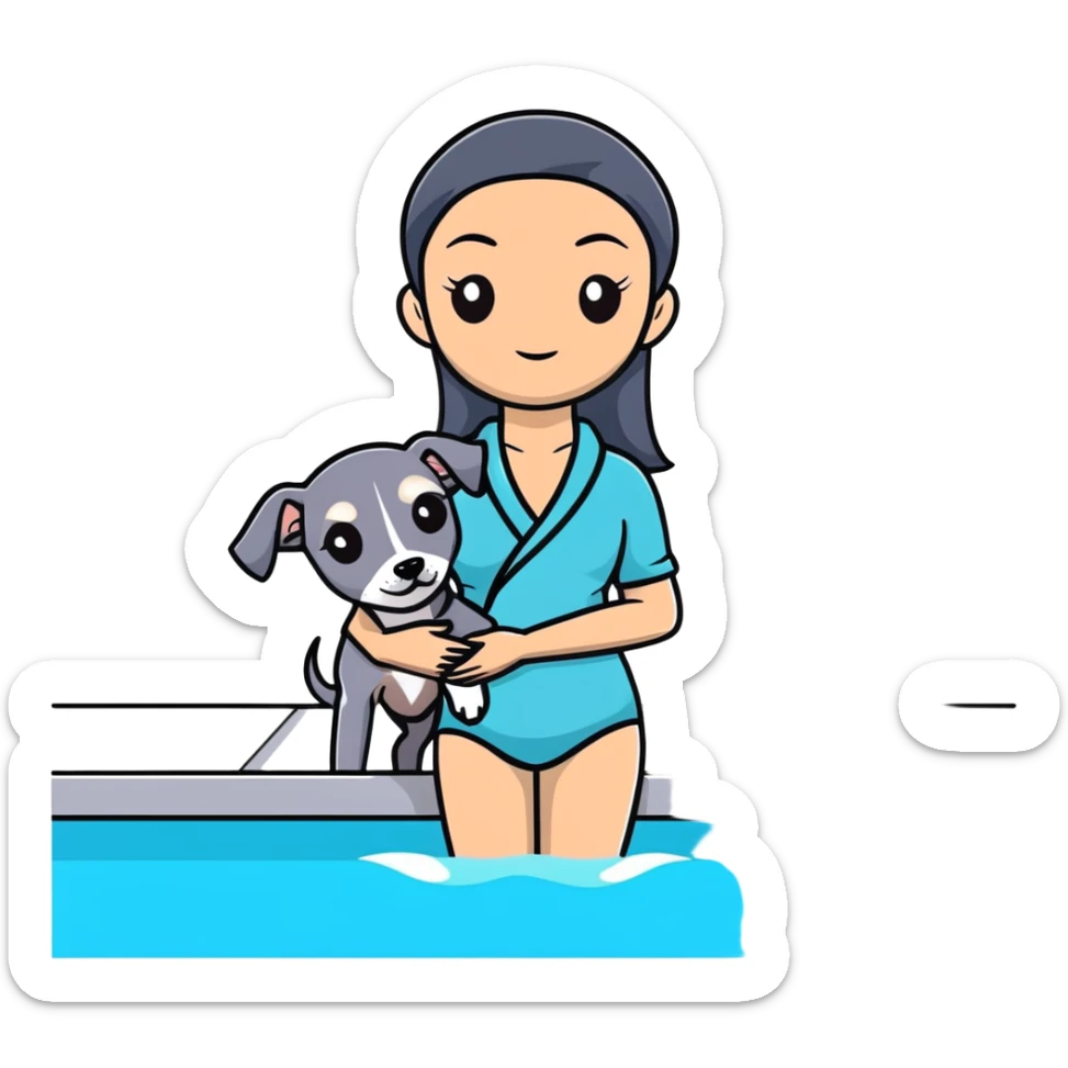 Very thin and slim Chinese woman with long black hair in pool attire at an indoor swimming pool with her Italian greyhound that is COMPLETELY solid dark grey with ABSOLUTELY ZERO white markings anywhere - 100% uniform dark grey color only sticker