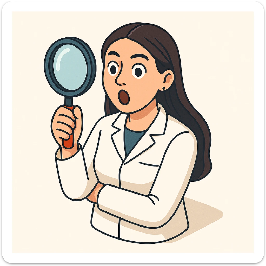 Front view of a female doctor with dark long straight hair and detailed brown eyes (not just dots), wearing a white coat, in 2D isometric style with a minimalist background. She is looking straight into the camera through a magnifying glass with a surprised facial expression. Appearance matches the reference. sticker