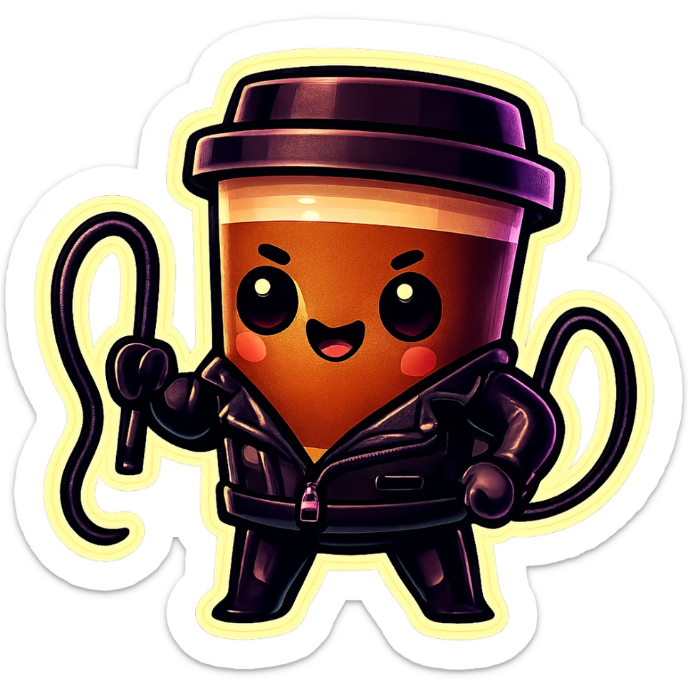 Tall coffee cup, dressed in leather holding a whip sticker