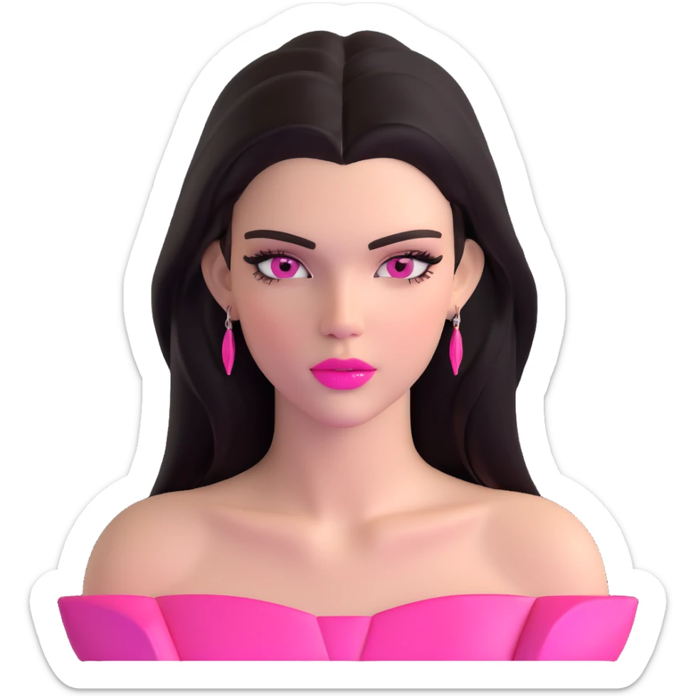 Kendall Jenner supermodel, longer face, long dark hair, bright pink glossy lipgloss, rosy pink blush, sharp winged eyeliner, bare shoulders sticker